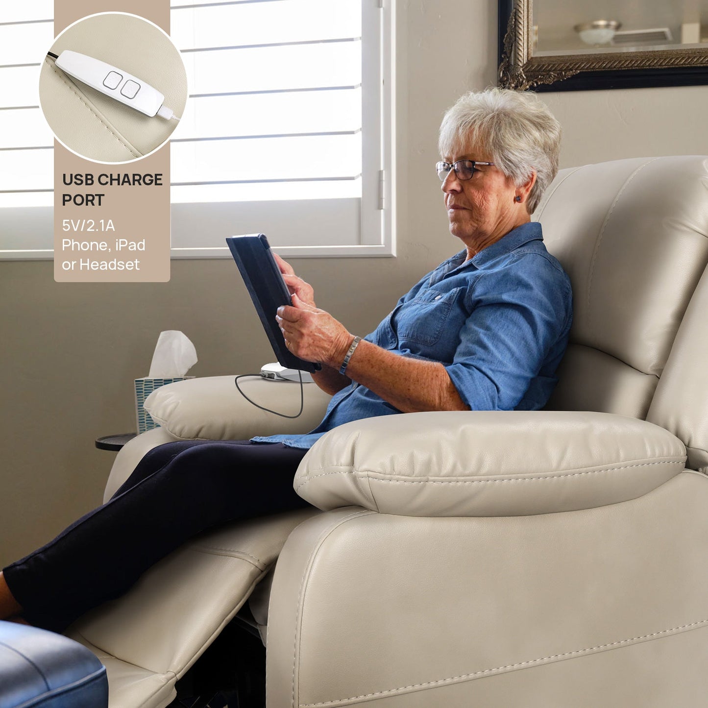 TACKspace Electric Power Lift Chair for Elderly - Safe Recliner with Remote - Breathable Soft Faux Leather Reclining Chair with 3 Positions, Side Pocket and USB Port, for Adults Up to 330 Lbs