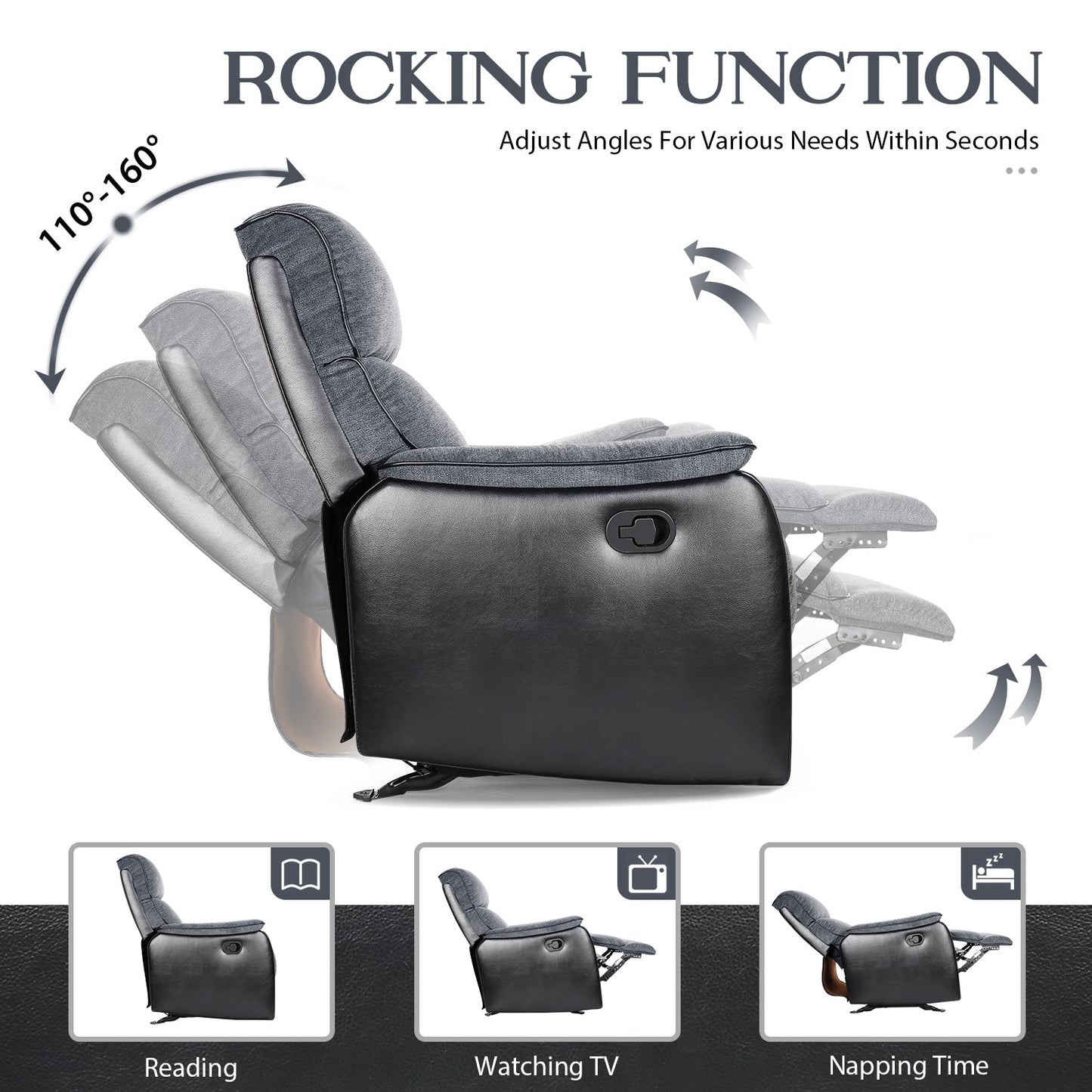 TACKspace Manual Recliner Chair with Comfortable Material, 30° Back & Forward Rock and Infinite Recline Angle, Living Room Single Sofa Rocker Recliners for Adults