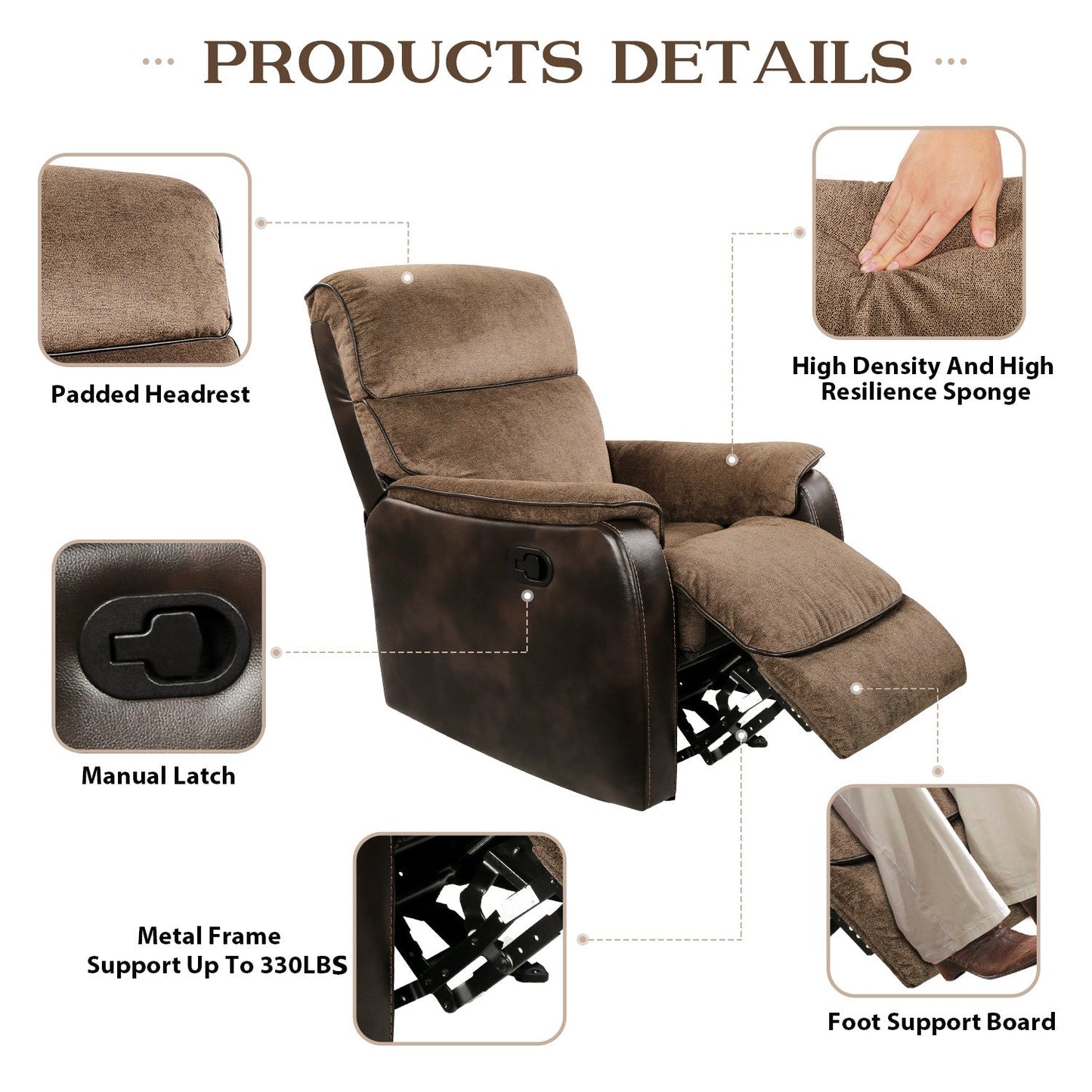TACKspace Manual Recliner Chair with Comfortable Material, 30° Back & Forward Rock and Infinite Recline Angle, Living Room Single Sofa Rocker Recliners for Adults
